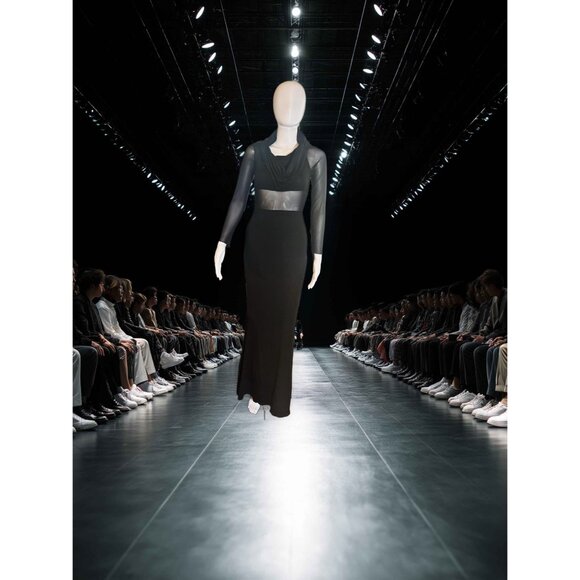 Commense Black Sheer Long-Sleeve Maxi Dress With Drape Neckline. Cow neck - Picture 4 of 6